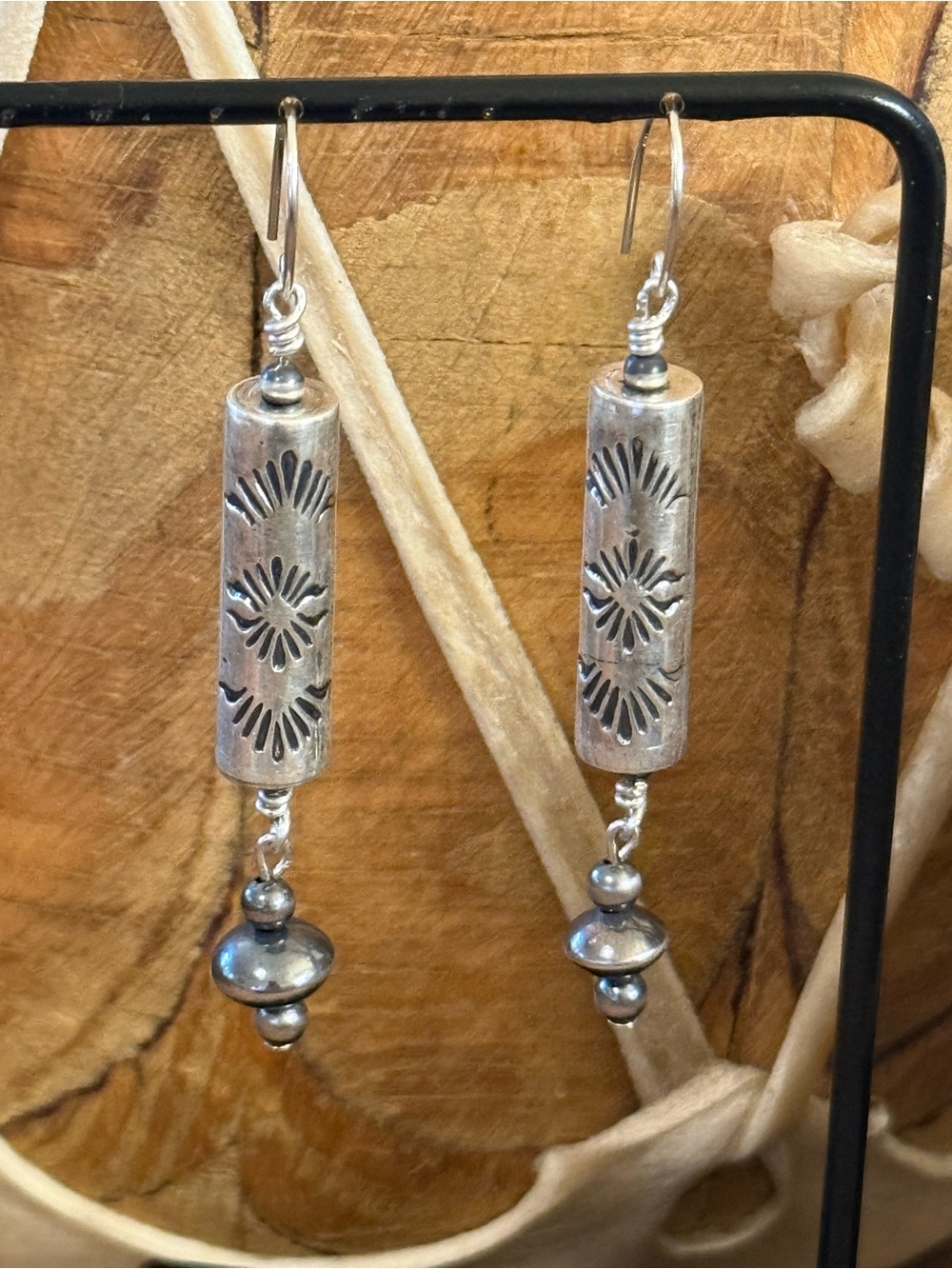Sterling Silver Navajo Pearl & Stamped Cylinder Earrings